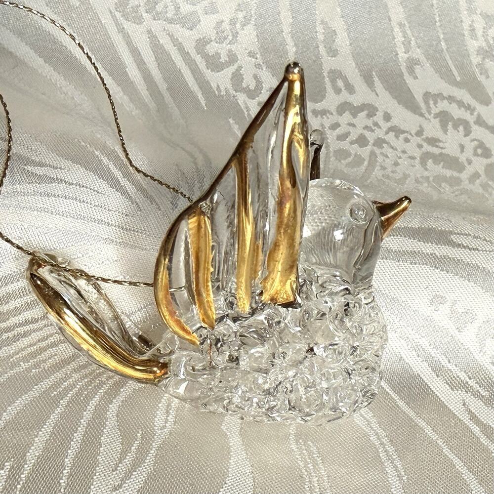Vintage Clear Spun-Glass Gold Trimmed Bird Christmas Tree Ornament 2”